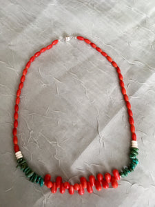 Red Coral Beads & Briolettes, Turquoise Chips, Bone.  17"