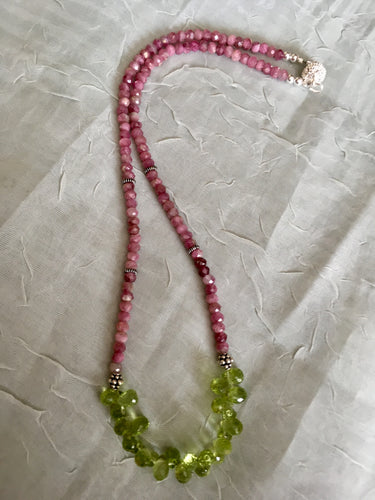 Pink Tourmaline, Peridot, Sterling Silver & Magnetic Clasp.  16 1/2