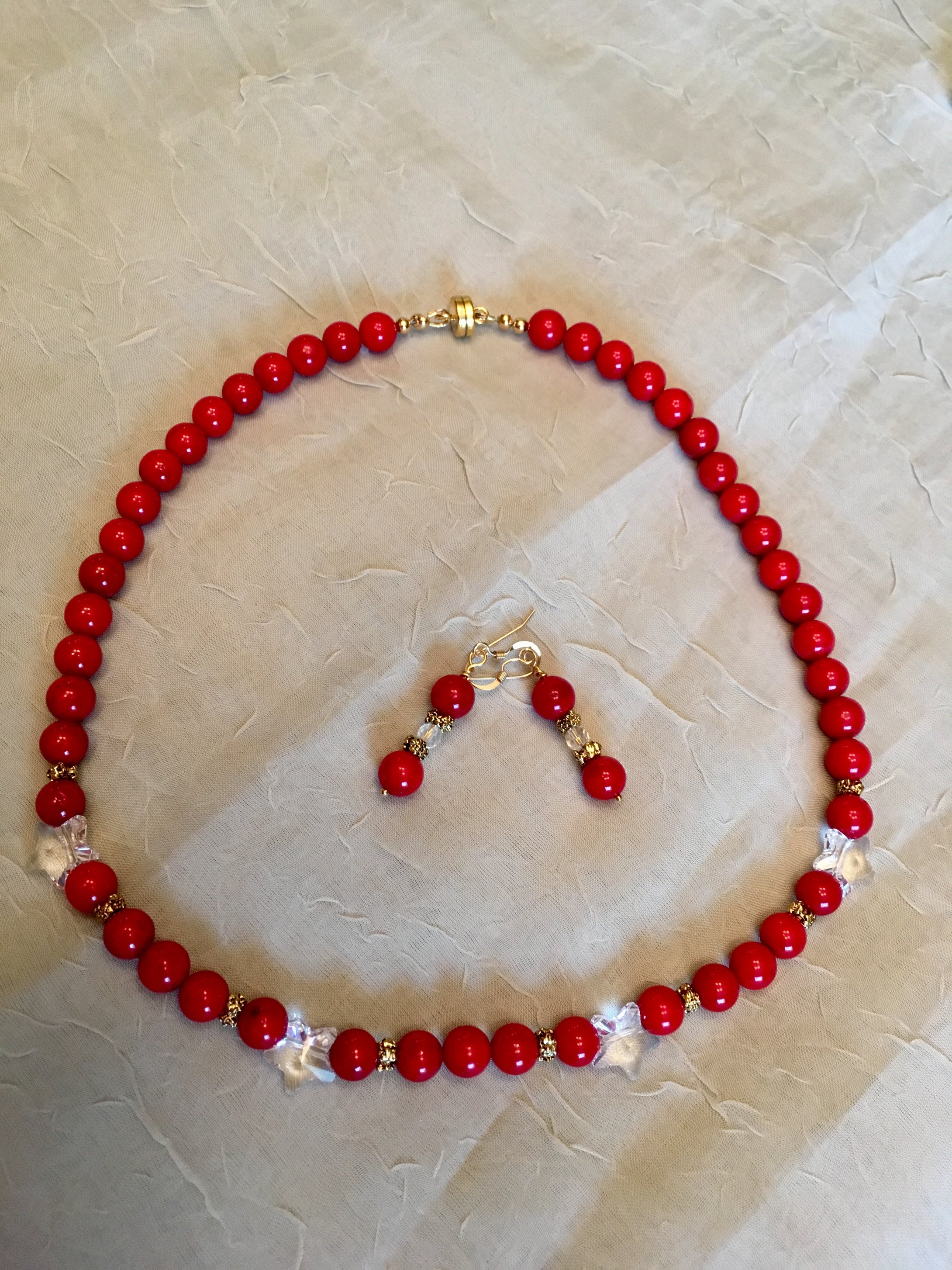 Round Red Coral Beads, Crystals, Plated Gold.  17