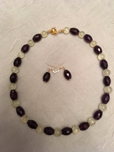 Amethyst Barrels, Prehnite Rounds, Plated Gold, Set with Earrings.  16