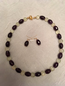 Amethyst Barrels, Prehnite Rounds, Plated Gold, Set with Earrings.  16"