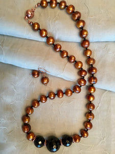 Freshwater Copper Potato Pearls, Faceted Onyx and Plated Copper.  21"