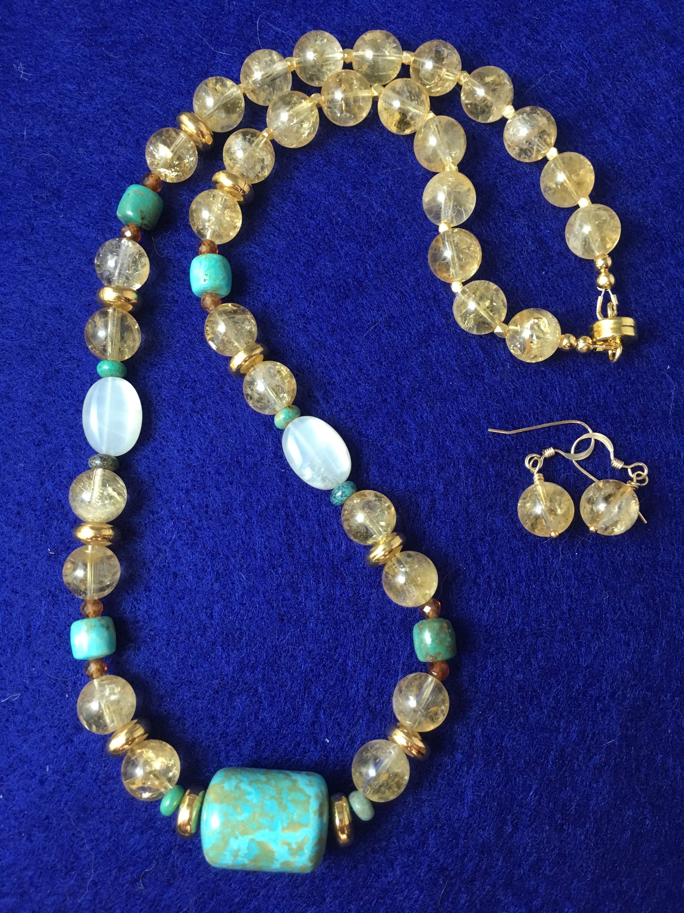 Citrine, Turquoise, White Moonstone, Hessonite, Plated Gold.  19 3/4