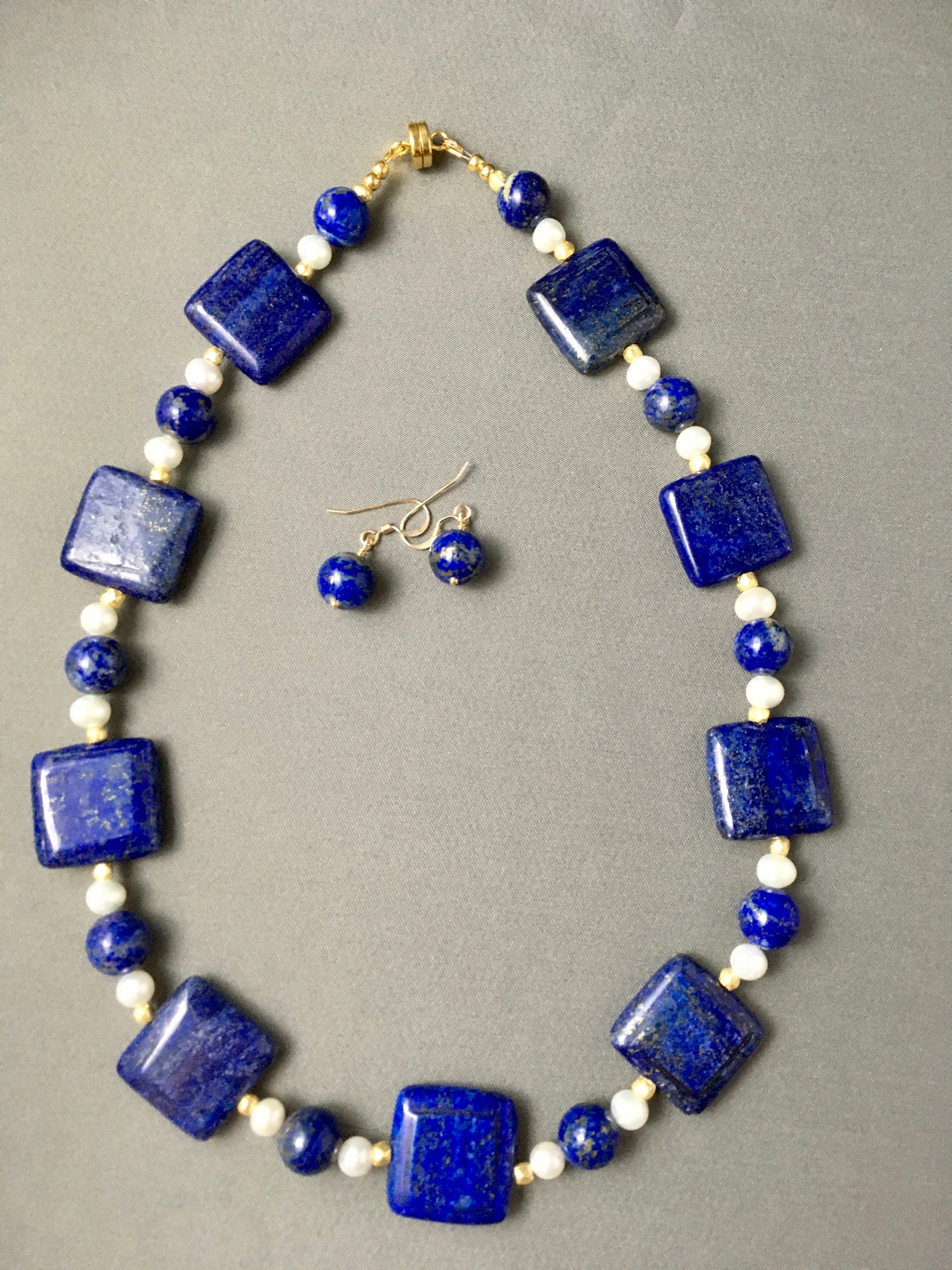 Lapis, Freshwater Pearls and Plated Gold.  18