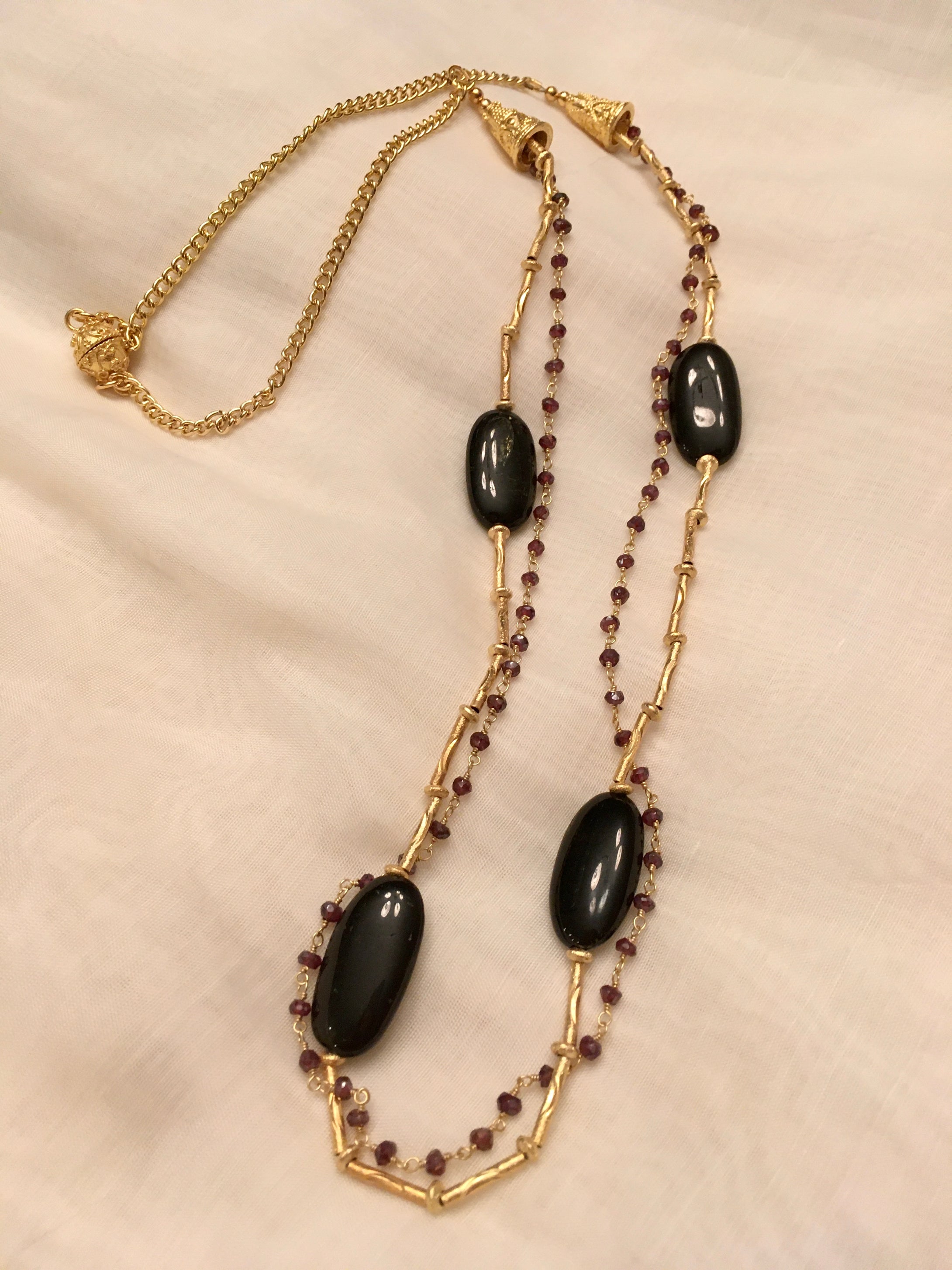 Green Tourmaline Ovals and Mystic Garnet Gold Chain, Plated Gold.  29 1/2