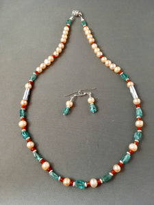 Peach Freshwater Pearls, Apatite Nuggets, Carnelian, Plated Silver 20"