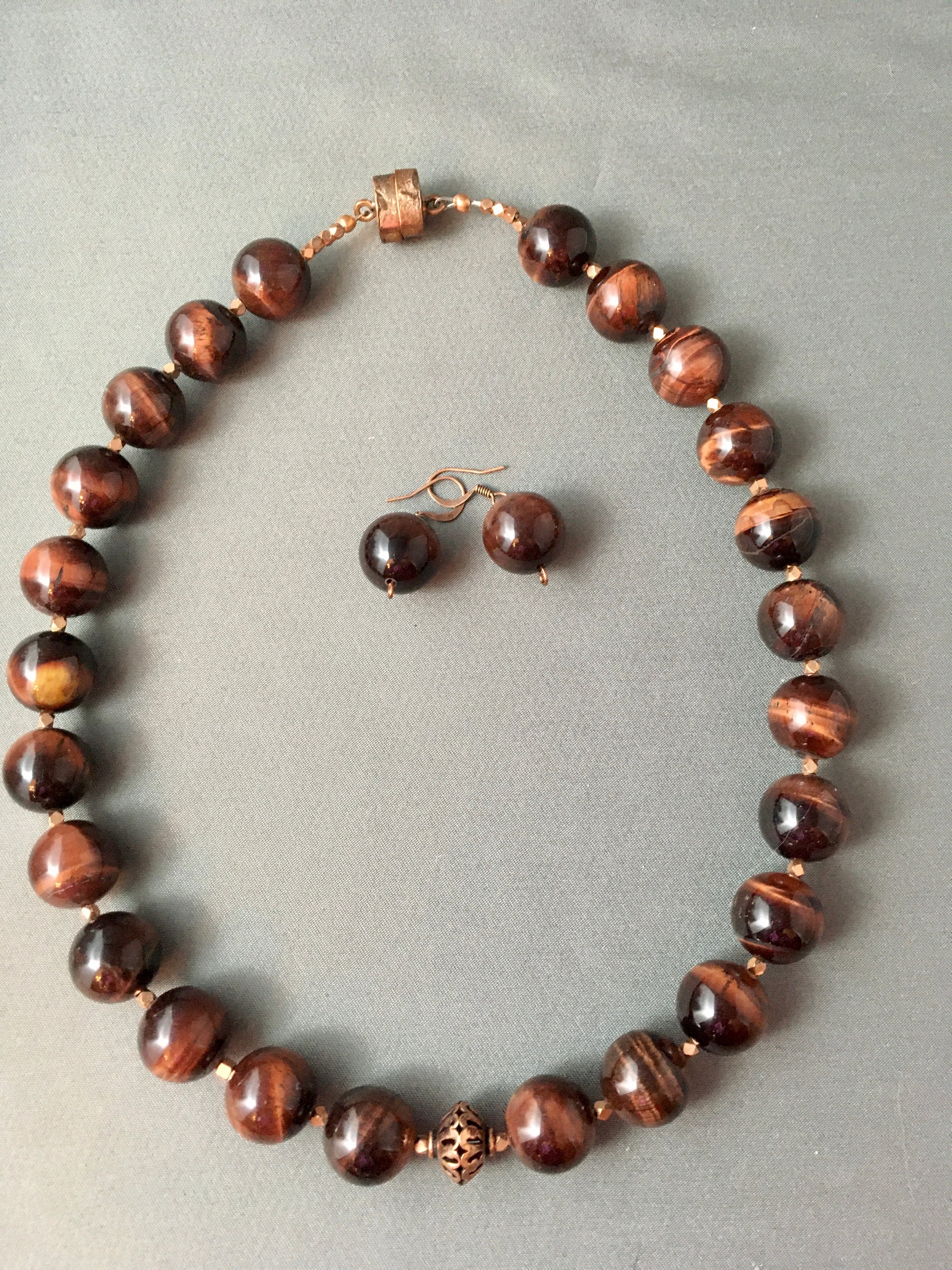 A+ Red Tiger Eye, Copper and Magnetic Clasp.  Set with Earrings.  18'