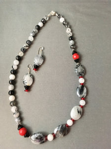 Rutilated Quartz, Red Coral, Bali Silver, Decorative Beads 20"