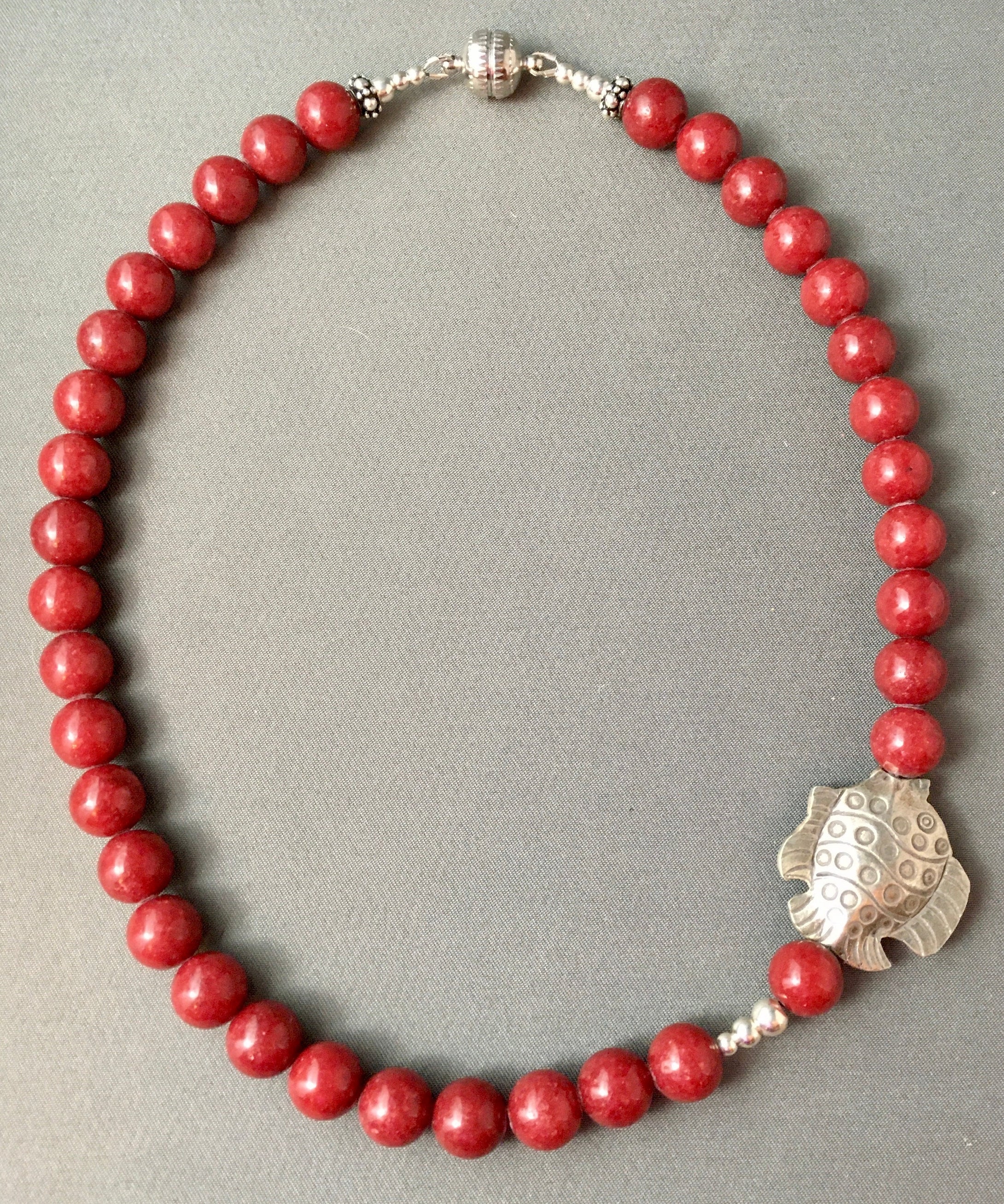 Red Mountain Jade, Hill Tribe Fish, Sterling Silver.  17 1/4