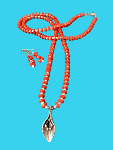 Red Coral, Freshwater Pearls, Hill Tribe Flower Pendant with Magnetic Clasp. Set with Earrings. 31
