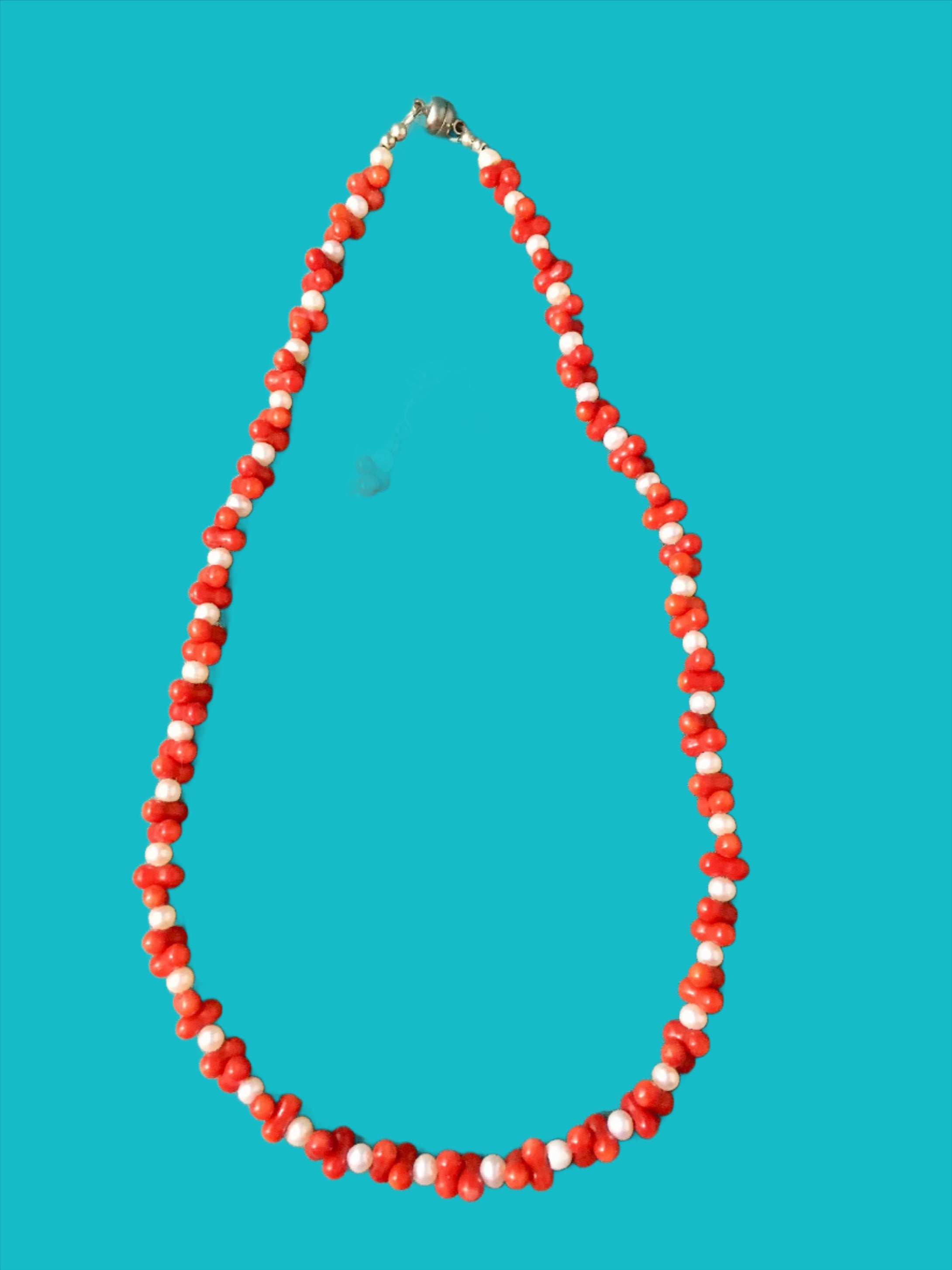 Red Coral Beads, Freshwater White Pearls. 18
