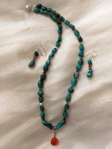 Turquoise Nuggets with Carnelian and Sterling Silver 17"