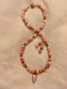A++ PInk Opal, Peridot, Brushed Plated Gold and CZ Magnetic Clasp.  19"