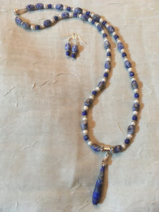 Sodalite Potato Beads, Lapis Beads & Pendant, FW Button Pearls, Plated Silver.   21"