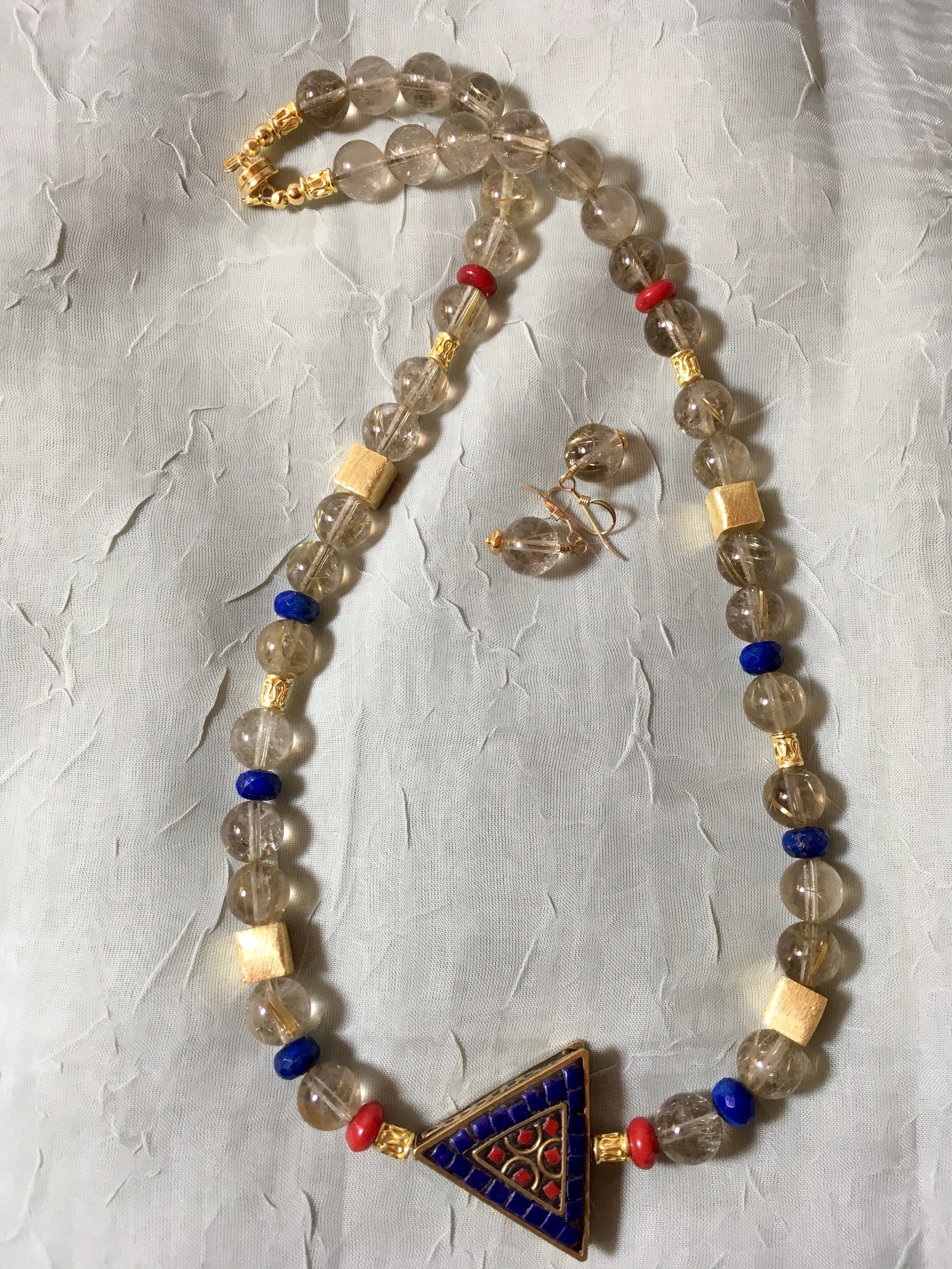 A+ Gold Rutilated Quartz, Lapis, Coral, Plated Gold and Magnetic Clasp  22
