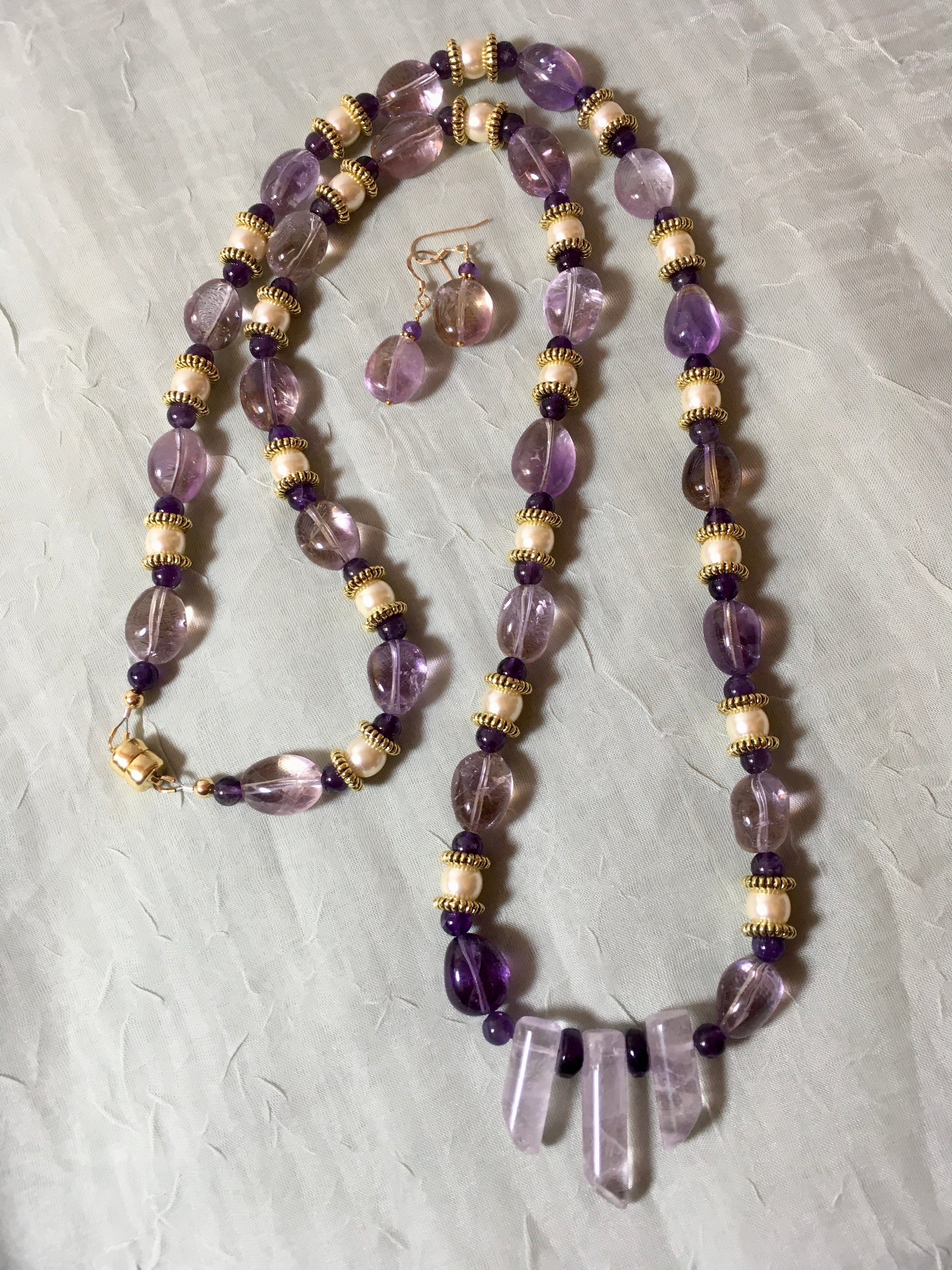 Ametrine Nuggets, Amethyst, Swarovski Pearls, Plated Gold Beads 34