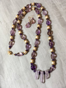 Ametrine Nuggets, Amethyst, Swarovski Pearls, Plated Gold Beads 34"