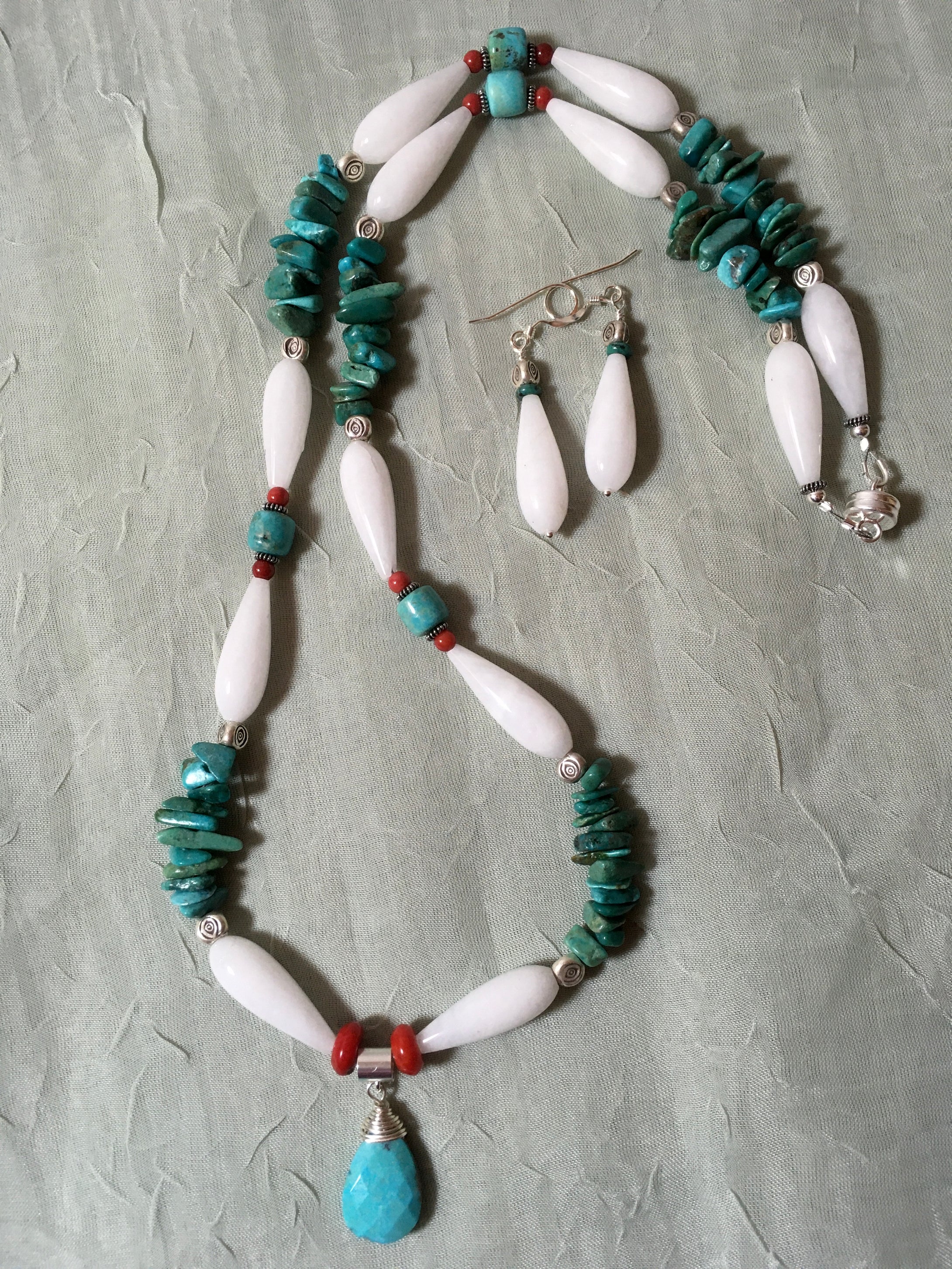 White Quartz Drops, Turquoise Pendant & Chips, Hill Tribe Fine Silver Beads 24