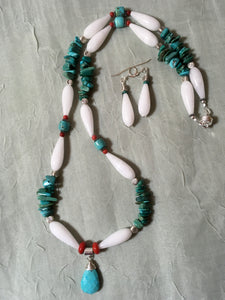White Quartz Drops, Turquoise Pendant & Chips, Hill Tribe Fine Silver Beads 24"