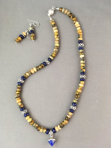 Yellow Opal w/Blue Inclusions, Lapis & Bali Silver  16 1/2"