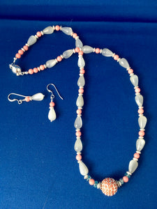 Grey MS, Pink Coral, Aquamarine, Plated Silver  17"