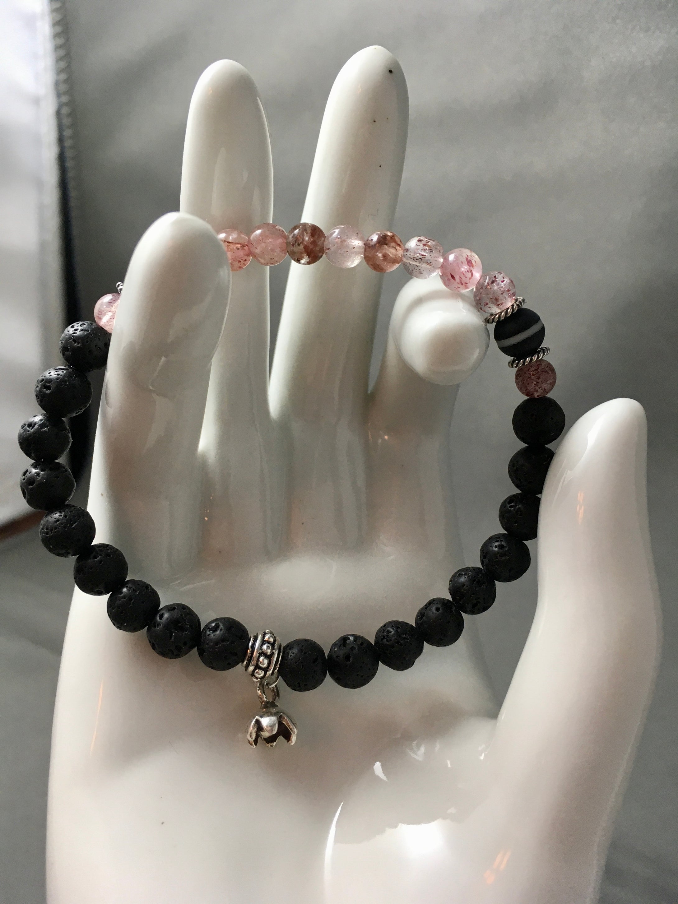 Strawberry Quartz, Tibetan Beads & Lava Stretch Bracelet  7 1/2