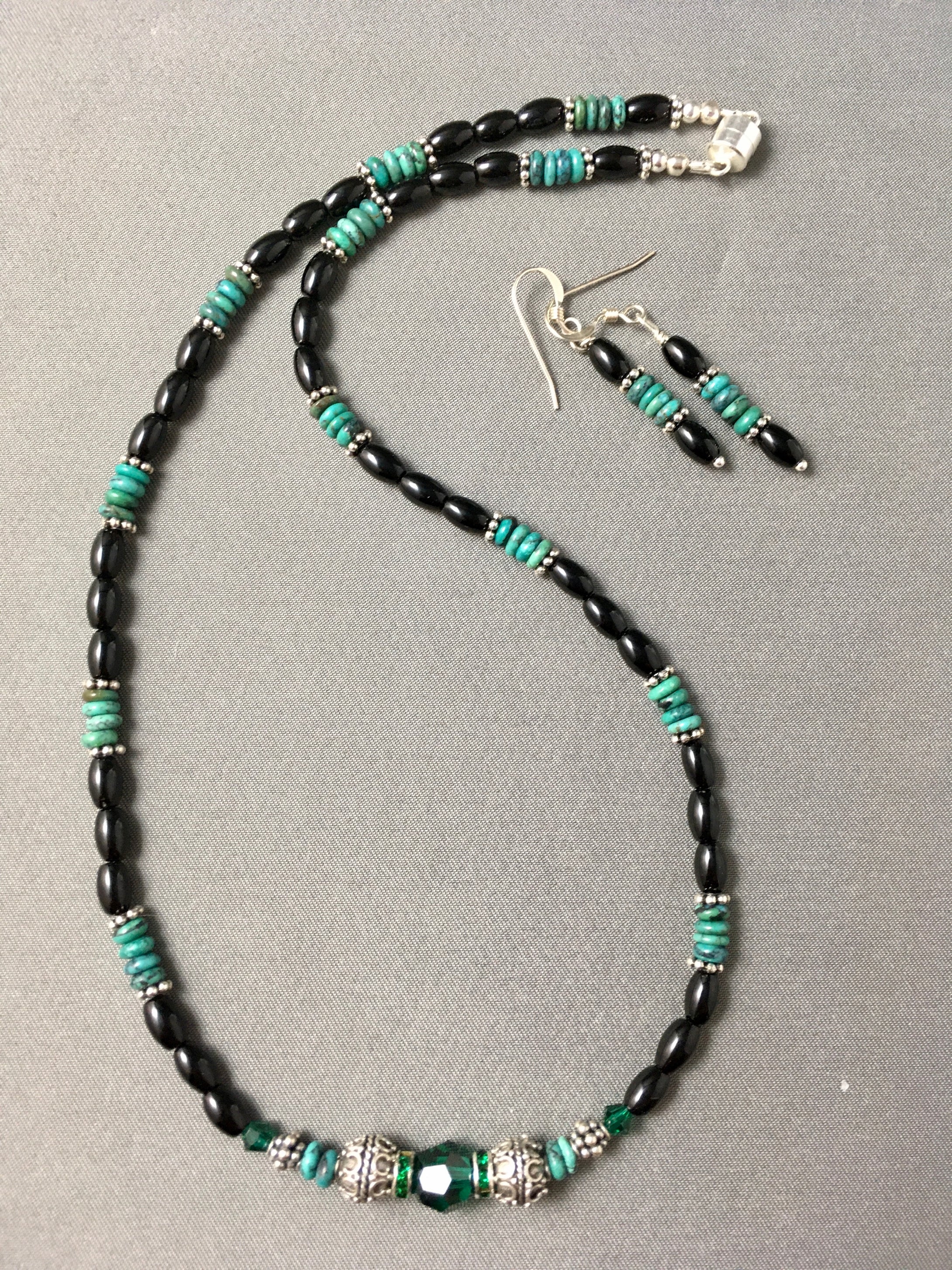 Turquoise, Onyx, Tiny Crystals, Bali Silver  17