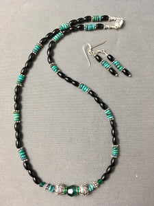 Turquoise, Onyx, Tiny Crystals, Bali Silver  17"