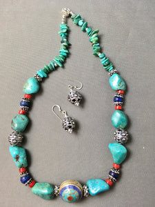 Turquoise, Lapis, Coral, Plated Silver  17"