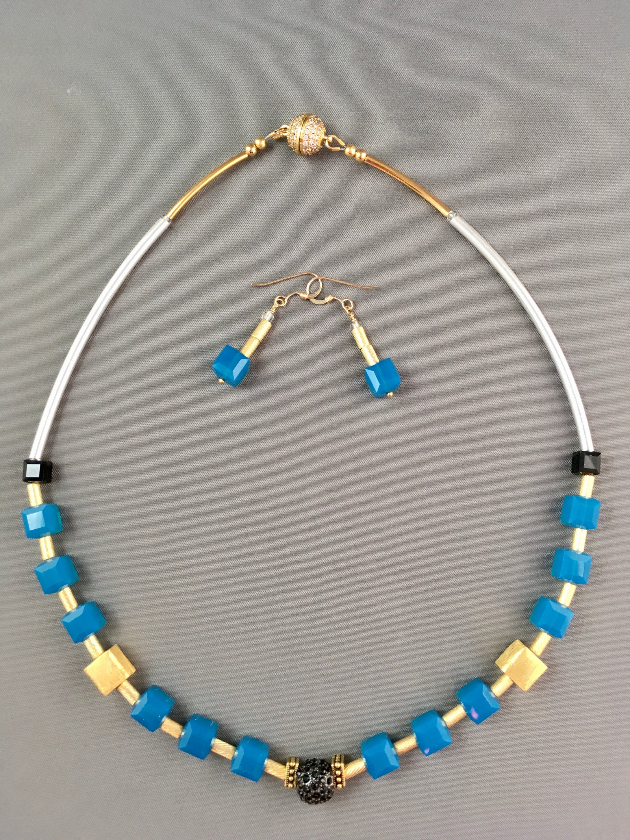 Colorful Blue Crystal Cubes, Sterling Silver & Plated Gold  17 1/2
