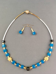 Colorful Blue Crystal Cubes, Sterling Silver & Plated Gold  17 1/2"