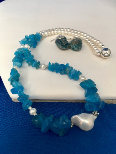 Apatite (raw), Baroque Pearl, FW Pearls, Bali Beads, Pyrite  16