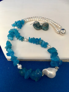 Apatite (raw), Baroque Pearl, FW Pearls, Bali Beads, Pyrite  16"