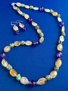 Citrine, Amethyst, Green Turquoise, Lapis, Silver 24 1/2"