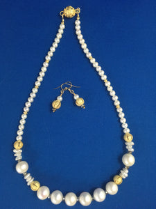 Freshwater White Pearls, Crystals, Gold  17"