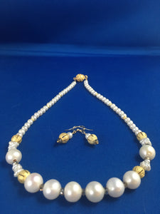 Freshwater White Pearls, Crystals, Gold  17"