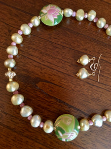 Lemon Grass Green FW Pearls, Golem Lentil Beads, Rhodo.  23"