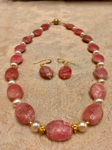 Rhodochrosite, Pink FW Pearls, Vermeil, Pyrite  16