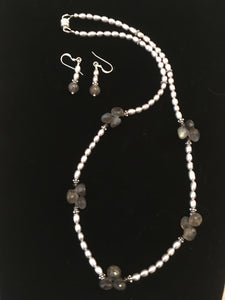 Silver FW Pearls,, Labradorite, Bali Silver, Swarovski  19"