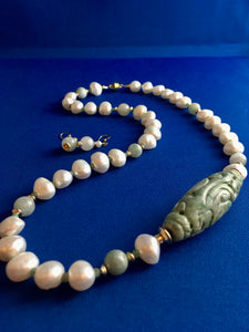 FW White Baroque Pearls, Jade, Emerald  23"