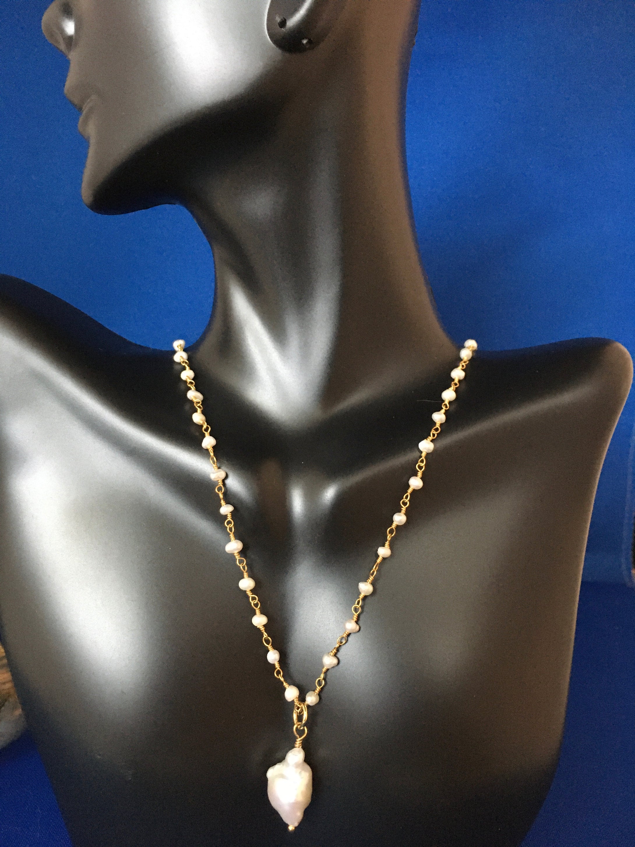 White FW Baroque Pearl on Gold Pearl Chain  19