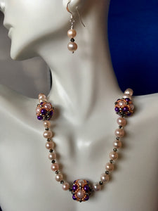 Pink FW Pearls, Swarovski, Beaded Focal Beads  17 1/2"