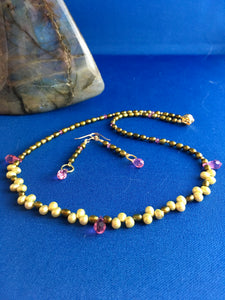 Golden Green & Lime FW Pearls, Crystals, Gold Pyrite 19"