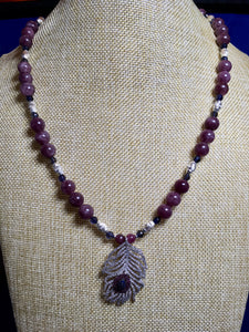 Lepidolite, Iolite, Silver Plated Sparkly Feather  23"