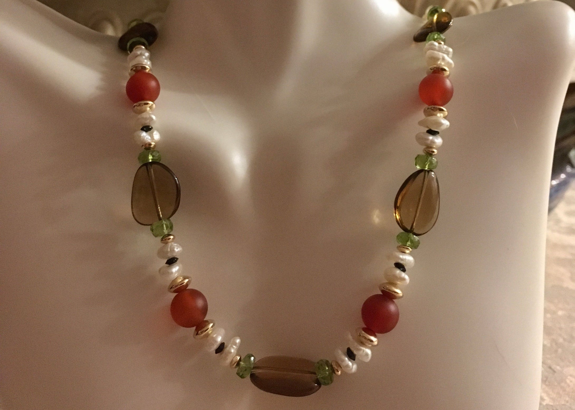 Rare Whiskey Qtz, Matte Carnelian, Peridot... 17 1/2