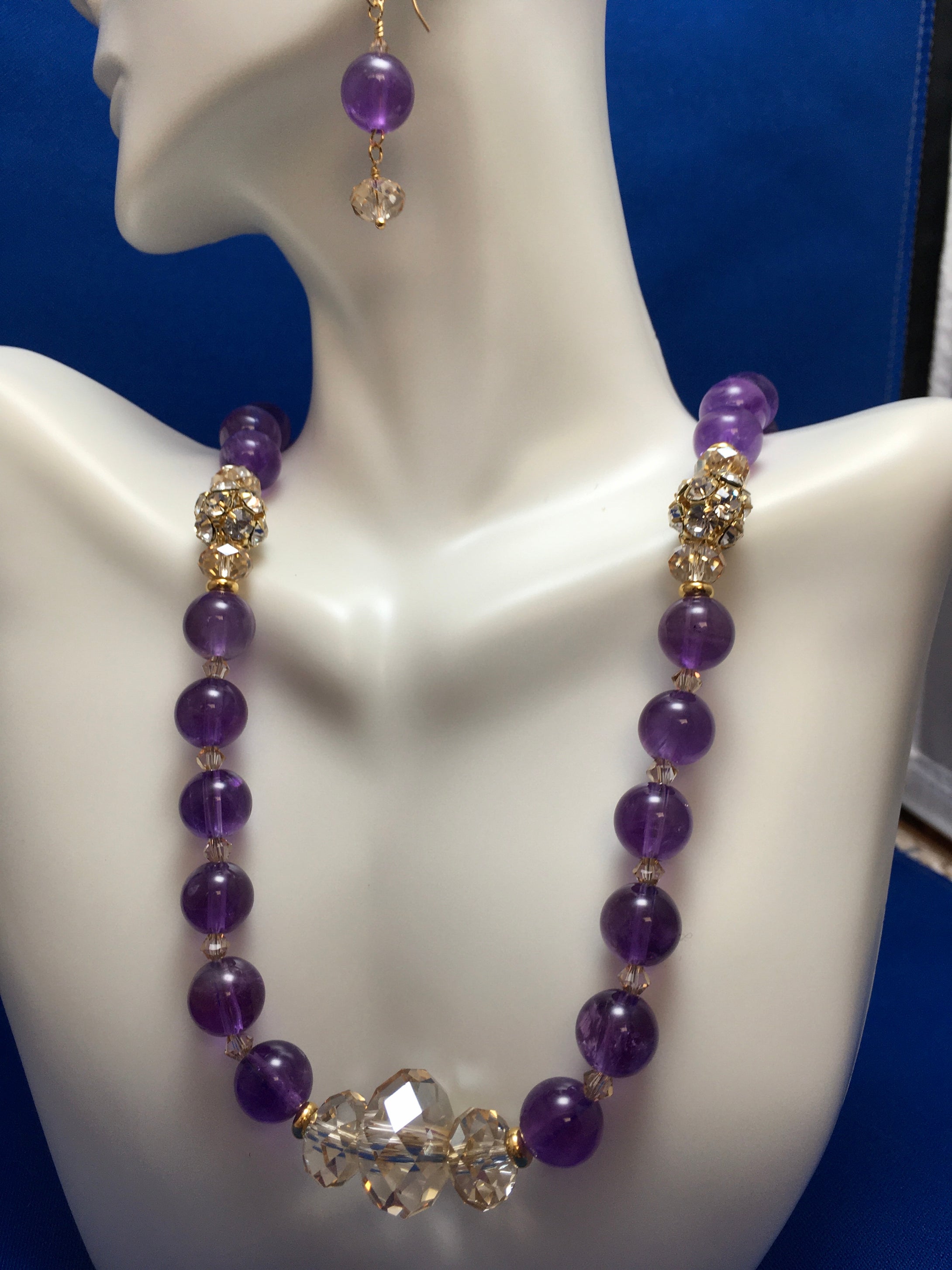 Large Amethyst Round Beads designed with complimenting crystals  19 1/2