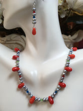 Load image into Gallery viewer, Silver Peacock FW Pearls, Coral, Crystals  18&quot;