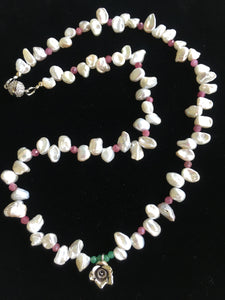 FW Pearls, Pink Tourmaline, Hill Tribe Silver Flower  19 1/2"