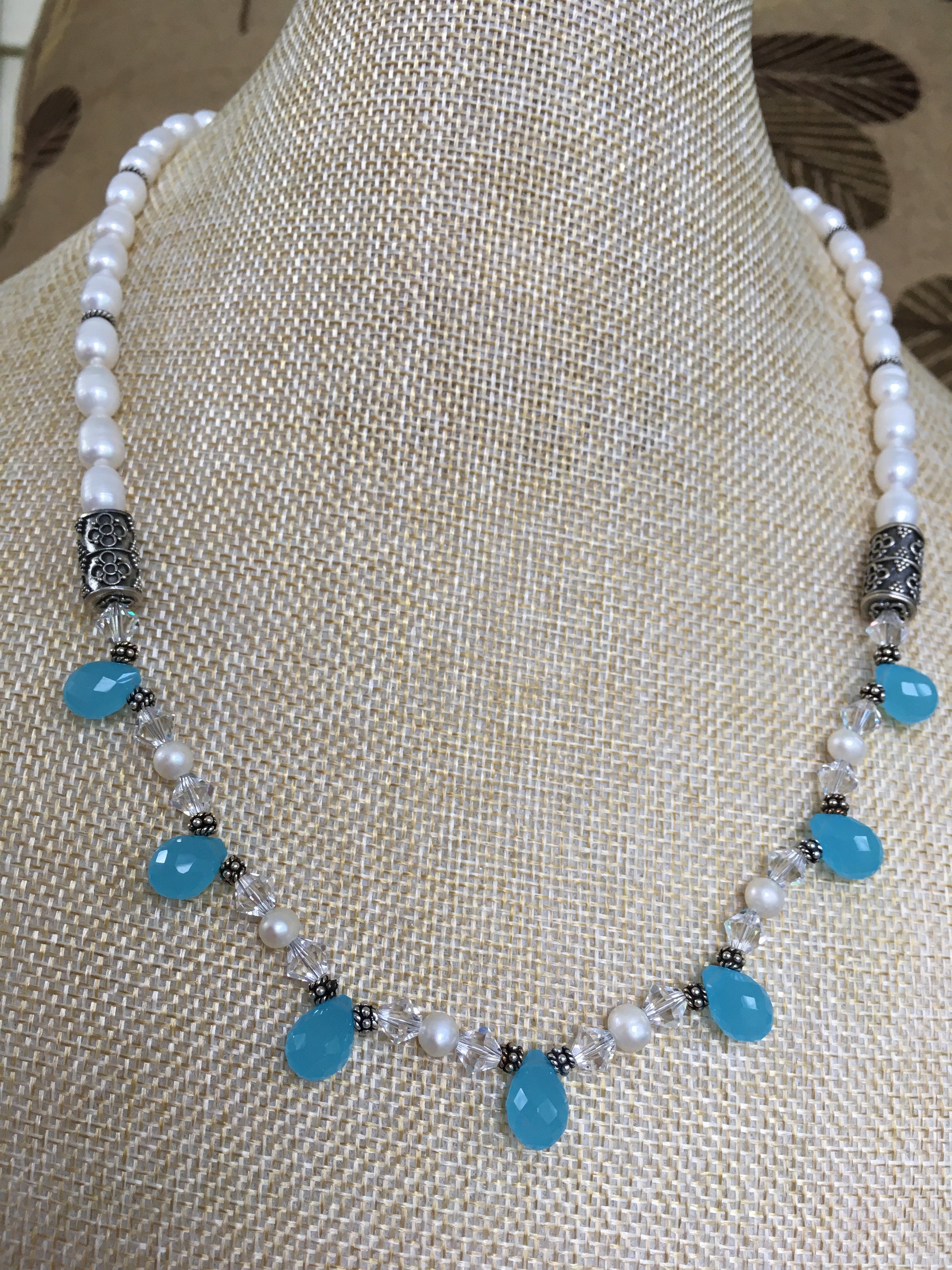 Blue Chalcedony, FW Pearls, Swarovski Crystals, Bali & Sterling Silver.  22
