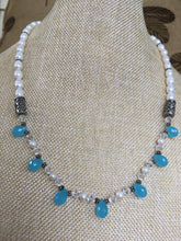 Load image into Gallery viewer, Blue Chalcedony, FW Pearls, Swarovski Crystals, Bali &amp; Sterling Silver.  22&quot;